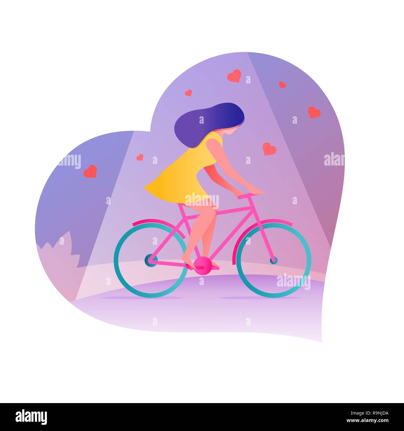 Young woman riding bicycles. Vector illustration. For Valentines Day invitations, card, posters, brochure or banners. Stock Vector