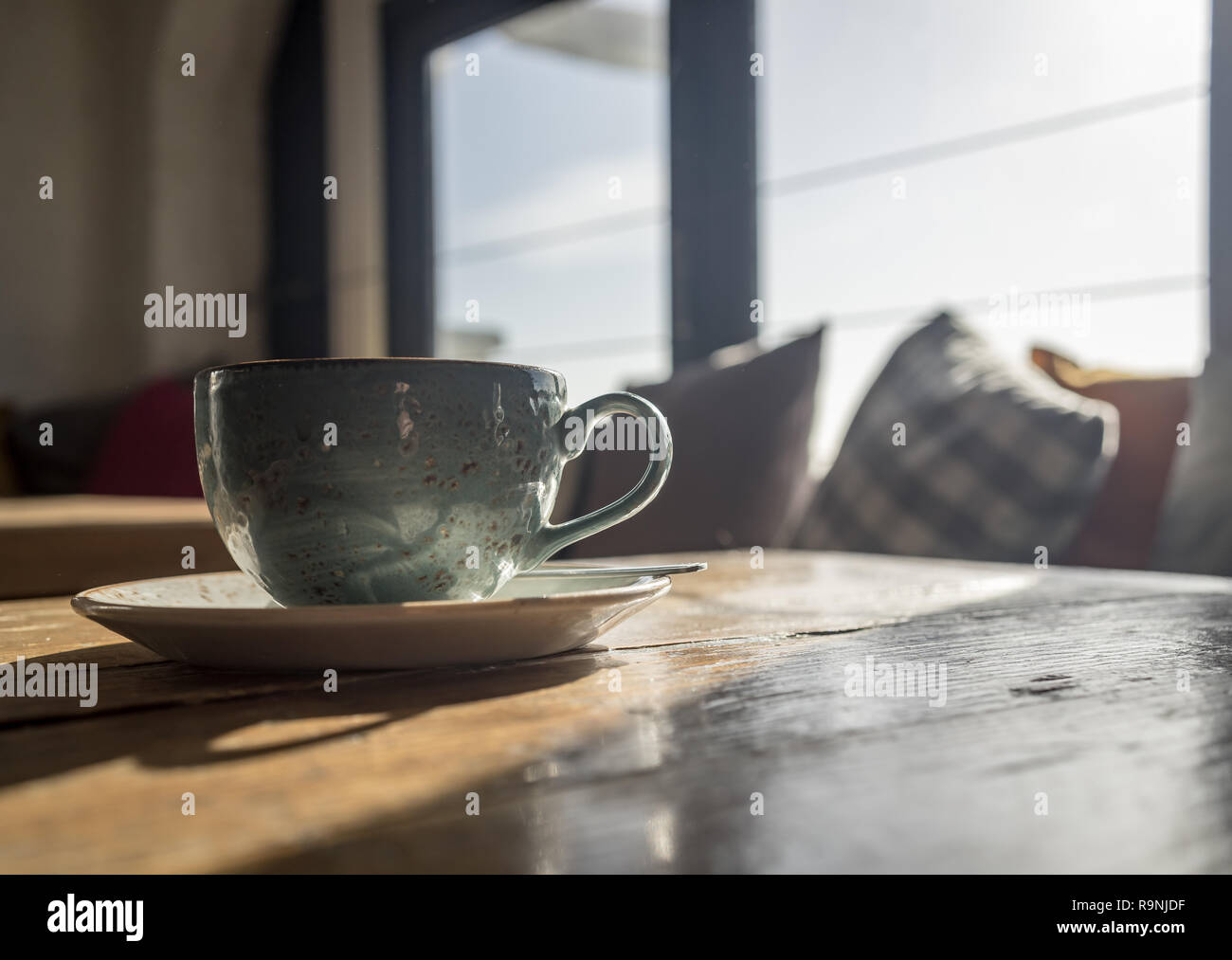 Relaxing morning coffee in seafron cafe Stock Photo
