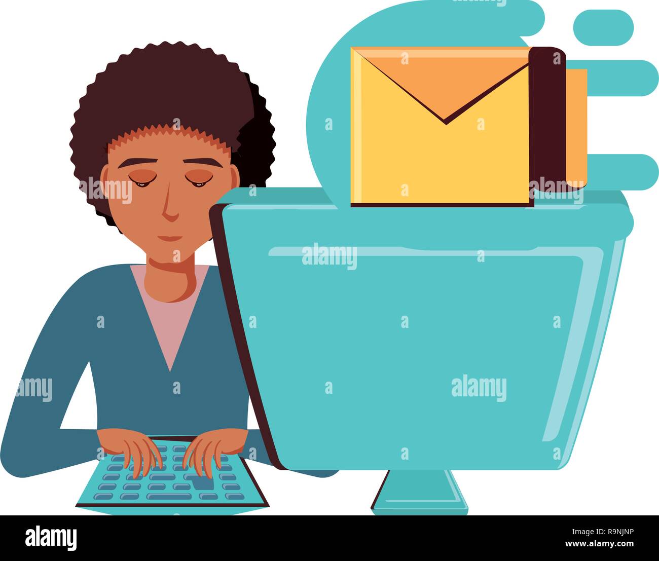 man black with desktop computer and envelope mail vector illustration ...
