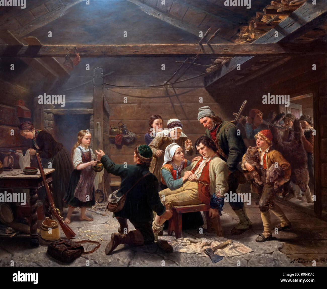 The Return of the Bear Hunter by Adolph Tidemand (1814-1876), oil on canvas, 1848 Stock Photo