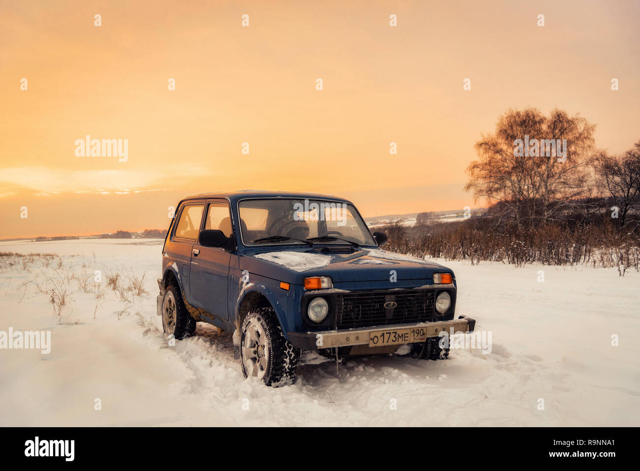 Moscow, Russia - December 25, 2018: Blue Russian off-road car Lada Niva ...