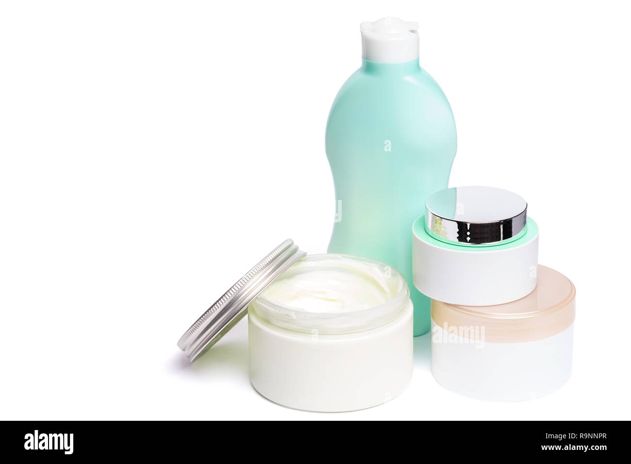 Skin care products on white background Stock Photo Alamy