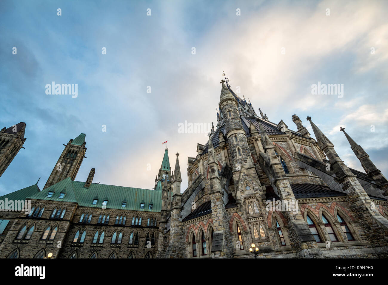 Main building of the center block of the Parliament of Canada, in the Canadian Parliamentary complex of Ottawa, Ontario. It is a major kandmark,  cont Stock Photo