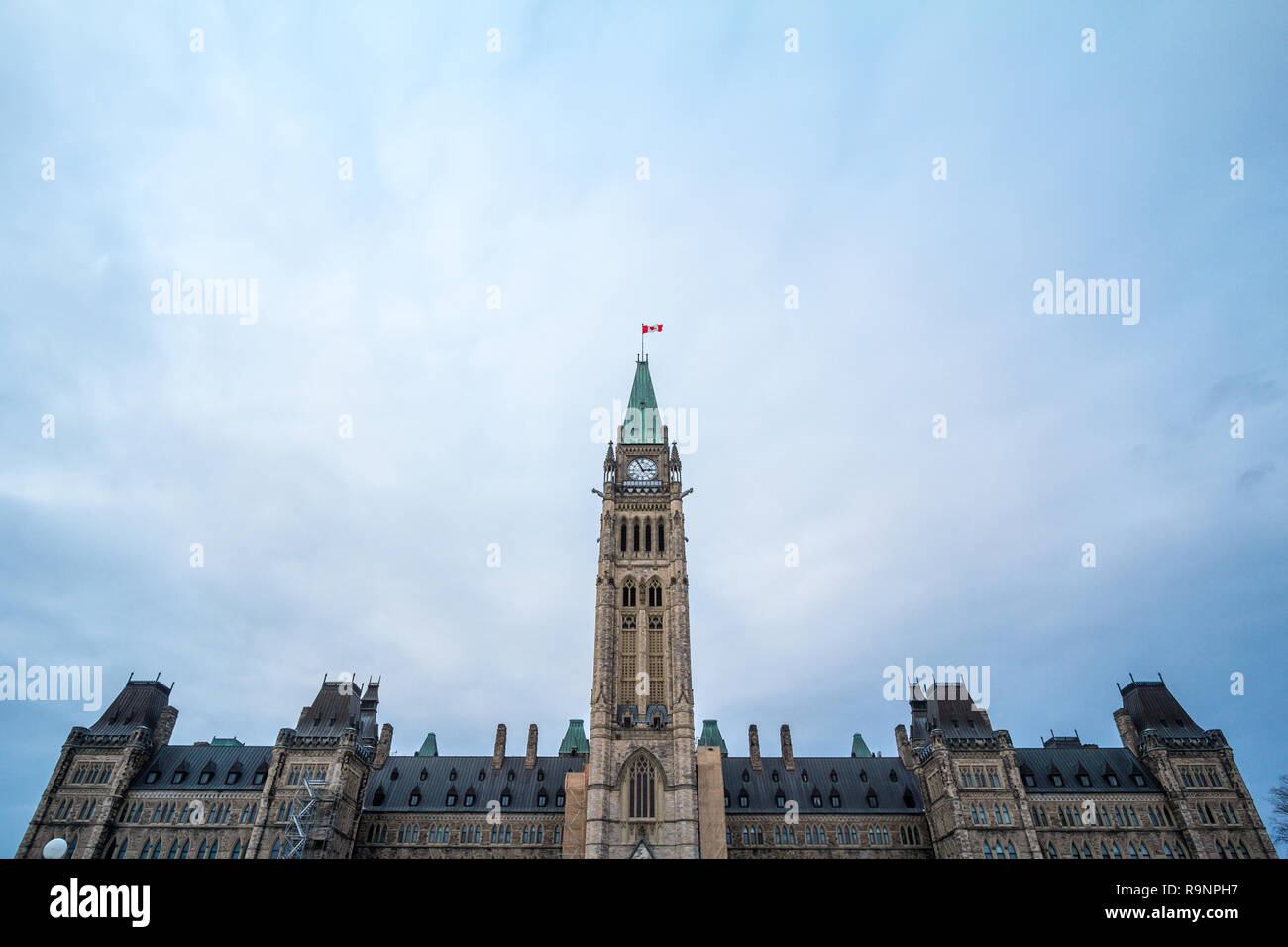 Main clock tower of the center block of the Parliament of Canada, in the Canadian Parliamentary complex of Ottawa, Ontario. It is a major kandmark,  c Stock Photo