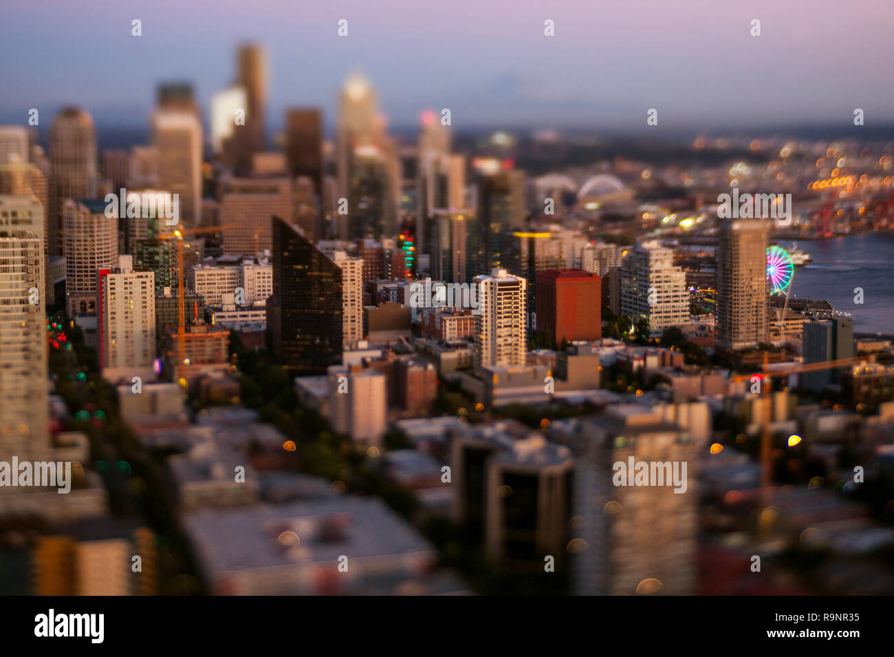 LB00157-00... WASHINGTON - LensBaby photo of the city of Seattle from the top of the Space Needle. Stock Photo