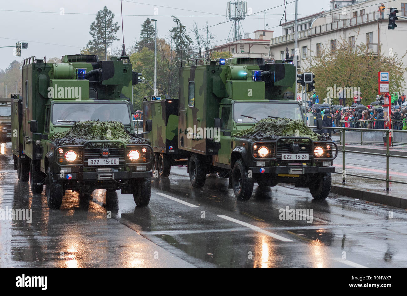 European street, Prague-October 28, 2018: Soldiers of Czech Army are riding Land Rover Defender 130 rch on military parade on October 28, 2018 in Prag Stock Photo