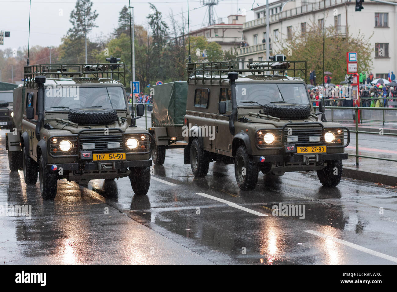 European street, Prague-October 28, 2018: Soldiers of Czech Army are riding Land Rover Defender 110 on military parade on October 28, 2018 in Prague,  Stock Photo