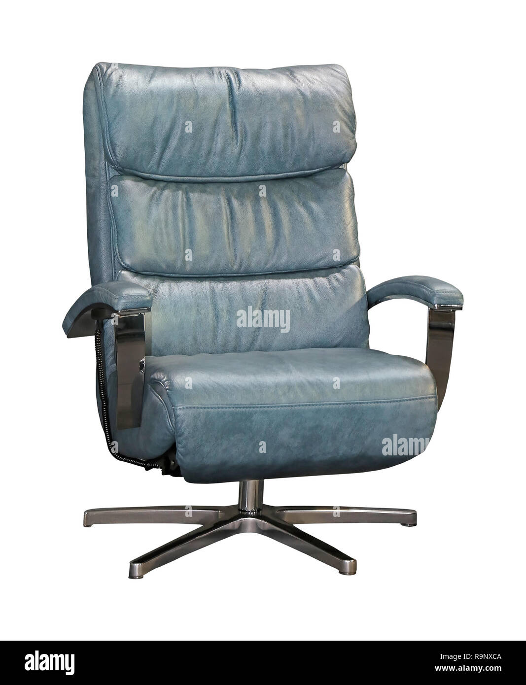 Retro Blue Leather Office Chair Isolated With Clipping Path Stock