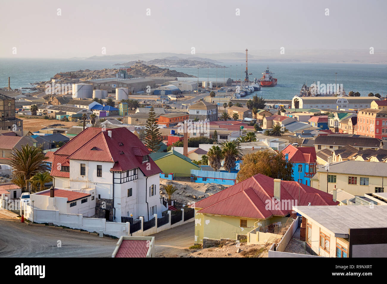 Aerial view of Luderitz showing colorful houses and the port in Namibia, Africa Stock Photo