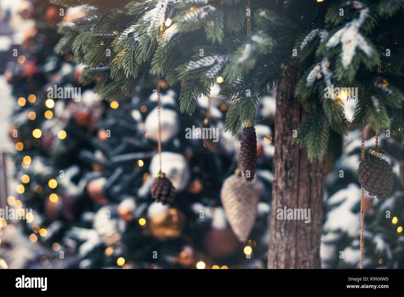 Christmas tree background golden toy Stock Photo - Alamy