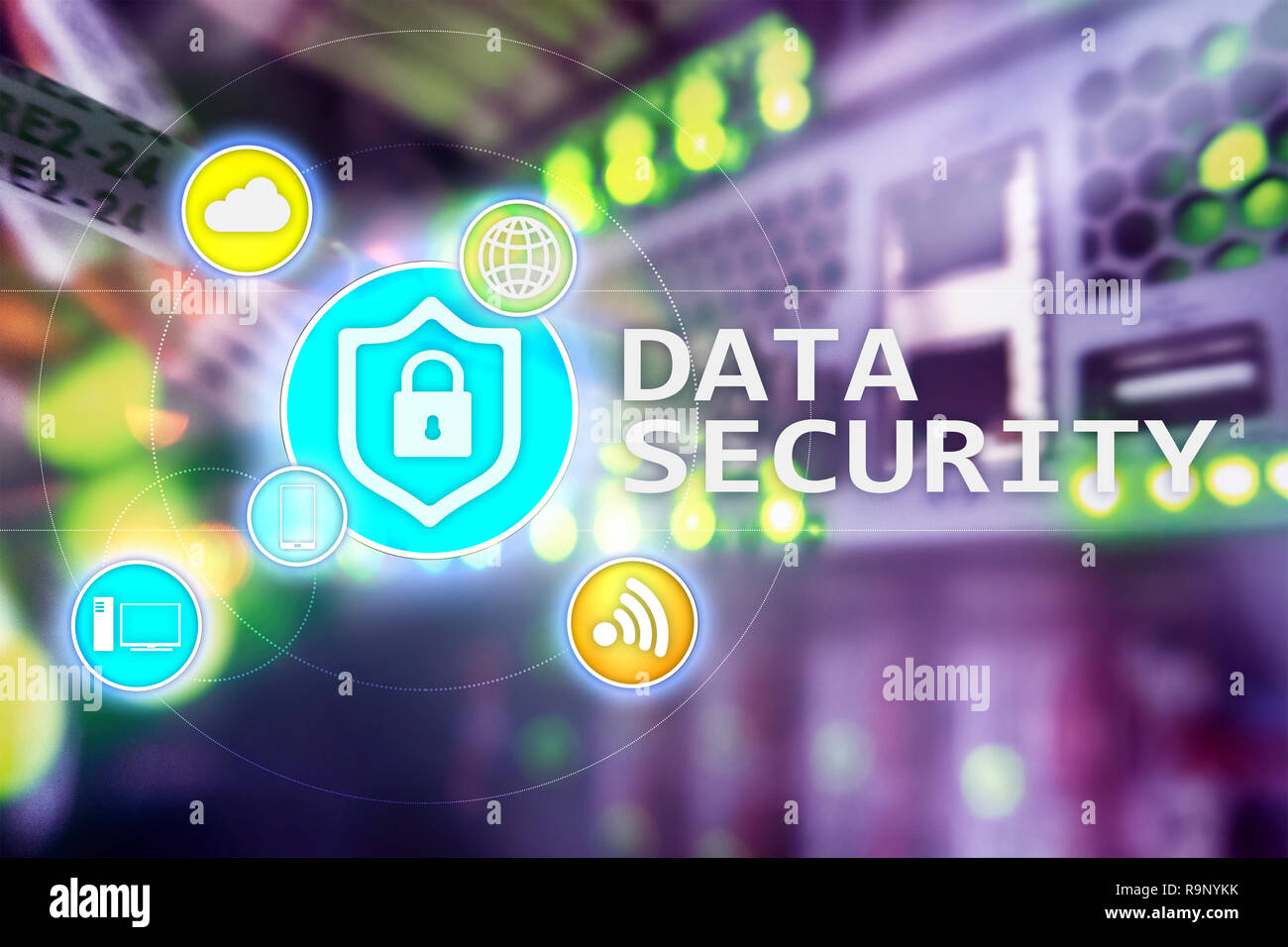 Data security, cyber crime prevention, Digital information protection. Lock icons and server room background. Stock Photo