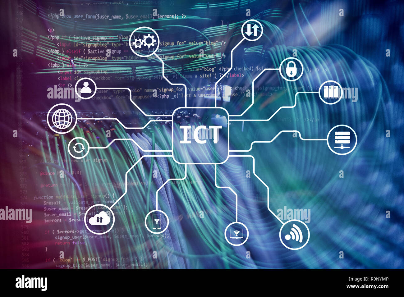 ICT - information and communications technology concept on server room background. Stock Photo