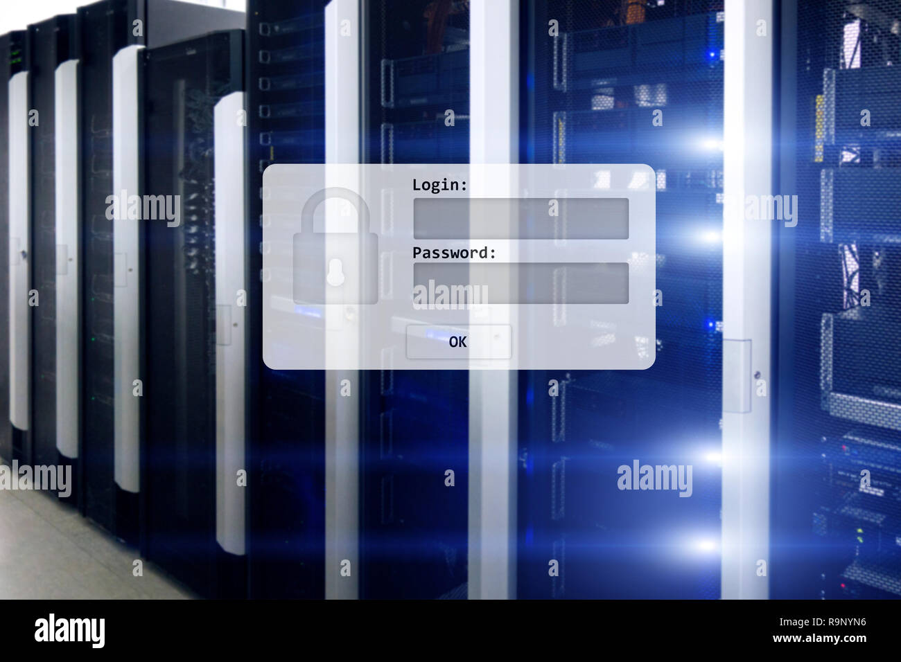 Server room, login and password request, data access and security. Stock Photo