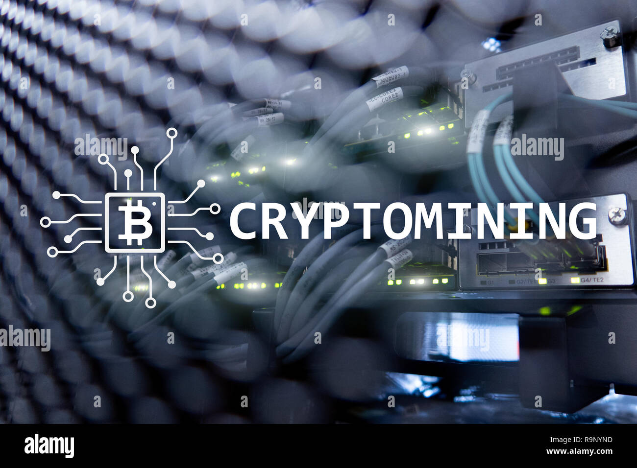 Cryptocurrency mining concept on server room background Stock Photo - Alamy