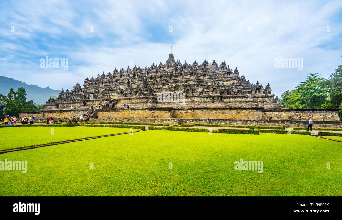 view of the mandala step pyramid that forms 9th century Borobudur Buddhist in Central Java, Indonesia Stock Photo