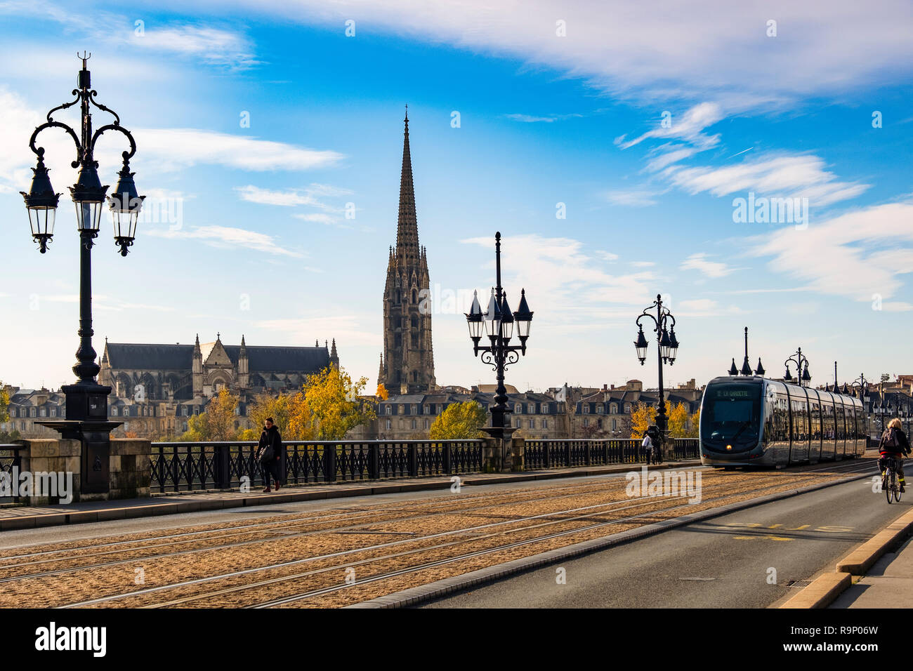 Tram line on Pont de Pierre. Stone Bridge over Garonne River. Bordeaux, Gironde. Aquitaine region. France Europe Stock Photo