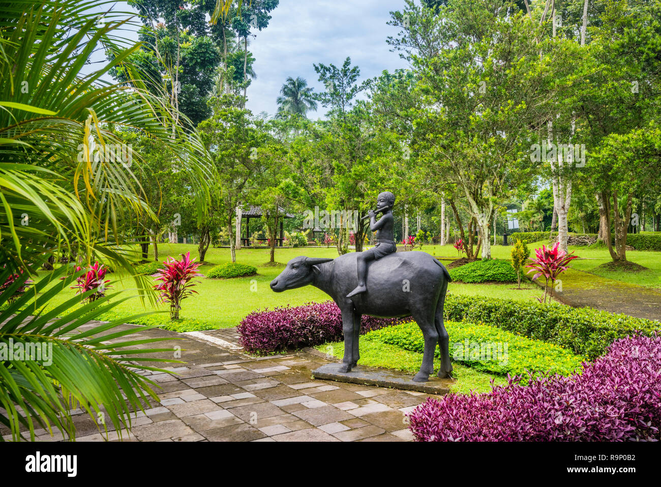 landscaped gardens of the Manohara Resort at the Borobudur archeological park, Borobudur, Central Java, Indonesia Stock Photo