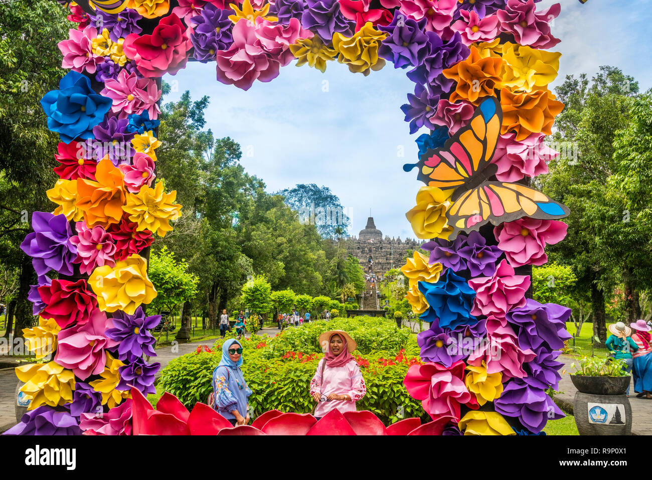 floral gate at Eastern Parkway leading up to the 9th century Borobudur Buddhist temple, Borobudur archaeological park, Central Java, Indonesia Stock Photo