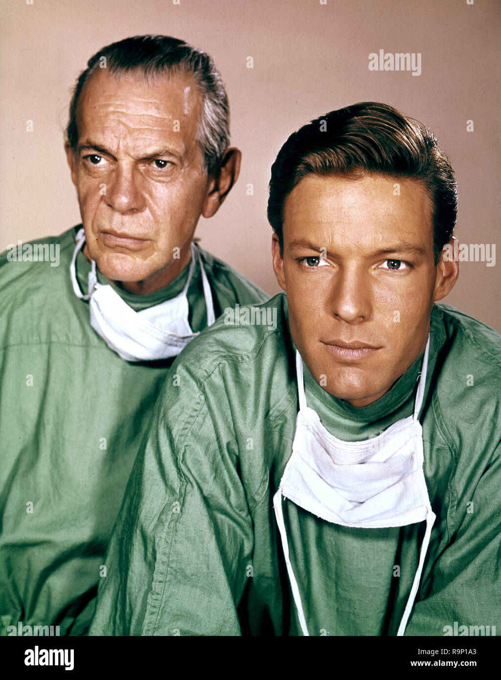 Raymond Massey, Richard Chamberlain,  publicity photo for, 'Dr. Kildare' tv series, MGM Television, circa 1962   File Reference # 33635 768CPC Stock Photo