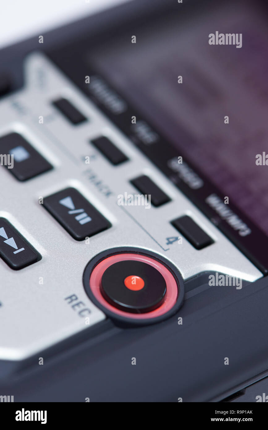 Rec button on audio recorder close up view Stock Photo
