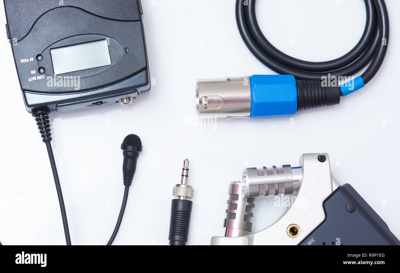 Audio recording theme. Microphone and connection isolated on white background Stock Photo