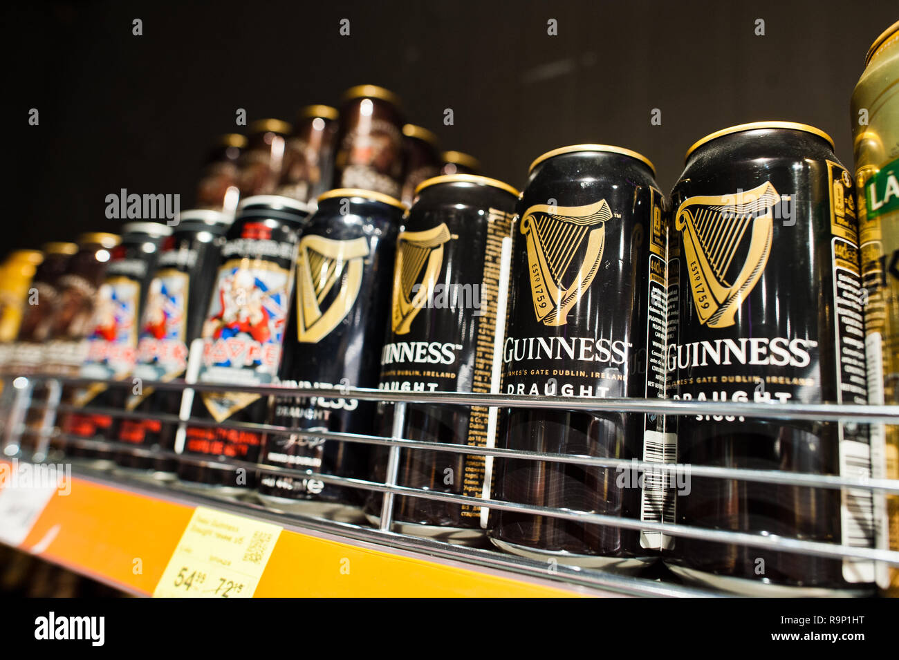 Kyiv, Ukraine December 19, 2018 Cans of Guinness beer on supermarket