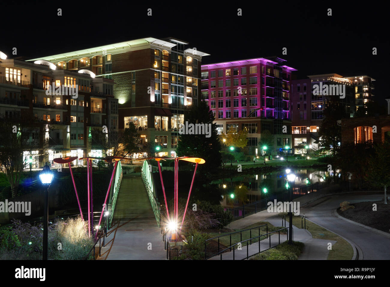 Downtown cityscape of Greenville South Carolina at night Stock Photo