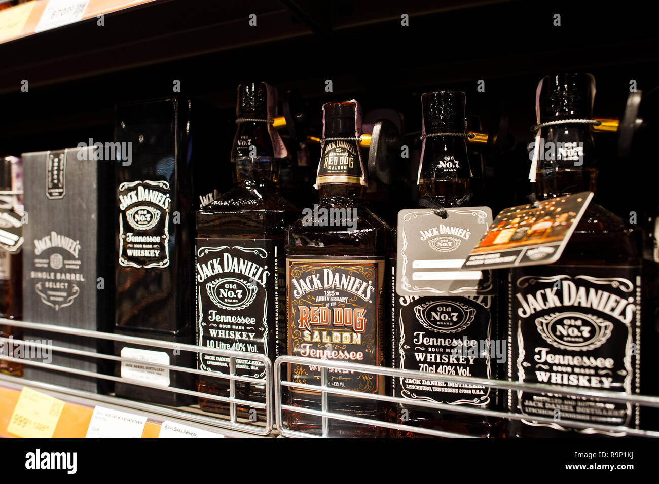 Kyiv, Ukraine December 19, 2018 Bottles of Jack Daniel's on shelves