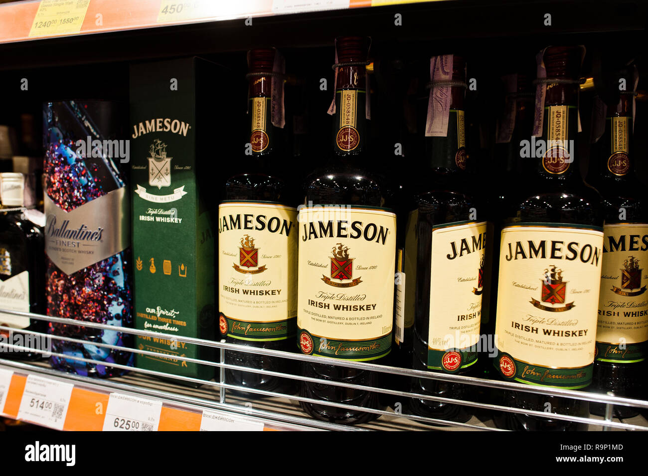Kyiv, Ukraine December 19, 2018 Bottles of Jameson on shelves in a