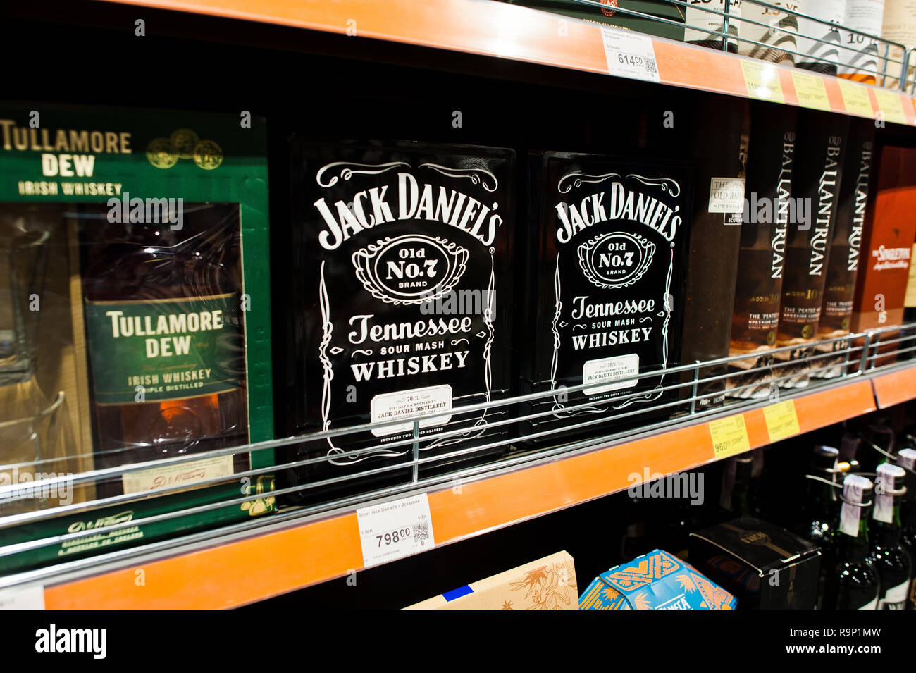 Kyiv, Ukraine December 19, 2018 Bottles of Jack Daniel's on shelves