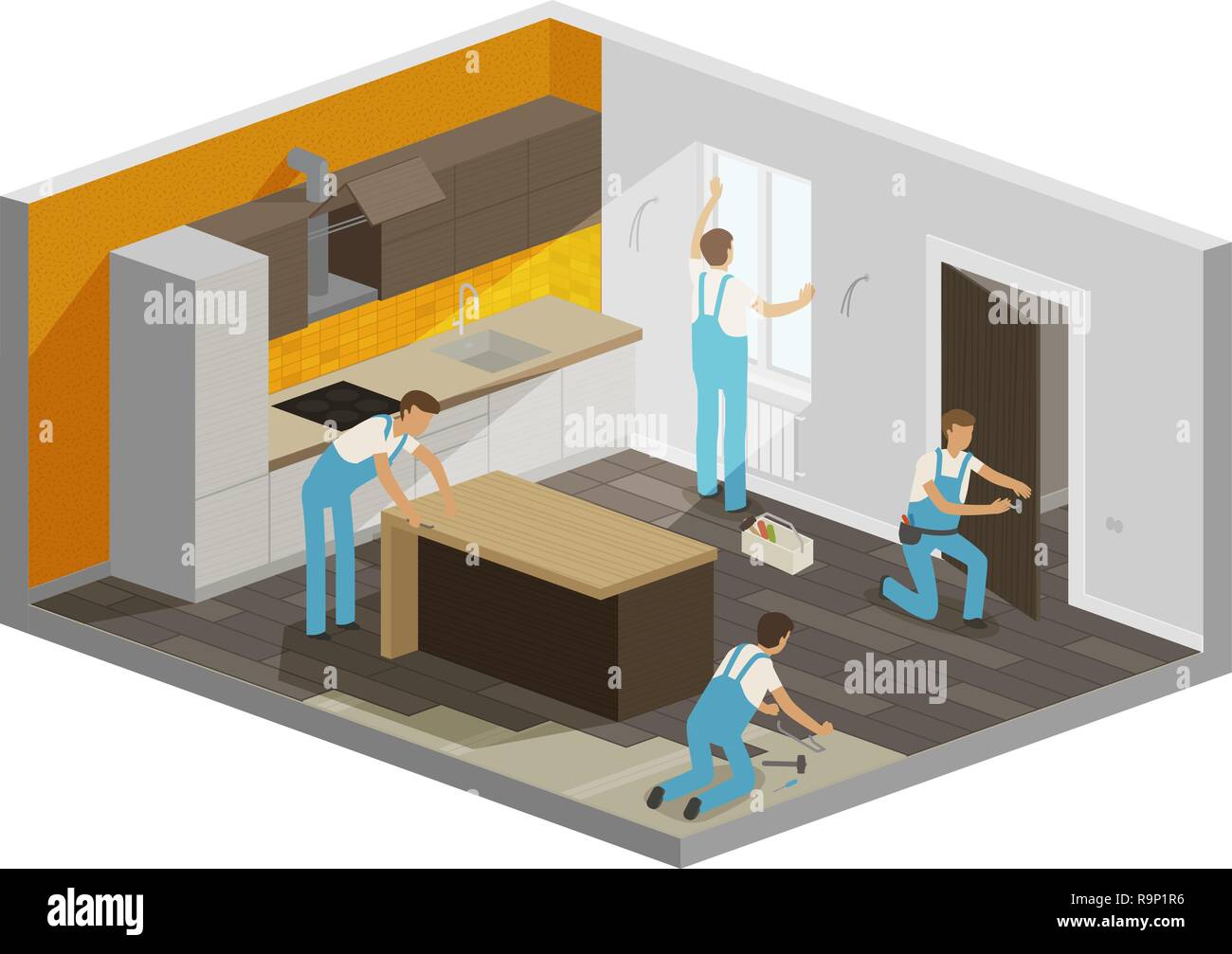 Home repair, renovation interior. Builders people work in a team, isometric vector illustration Stock Vector