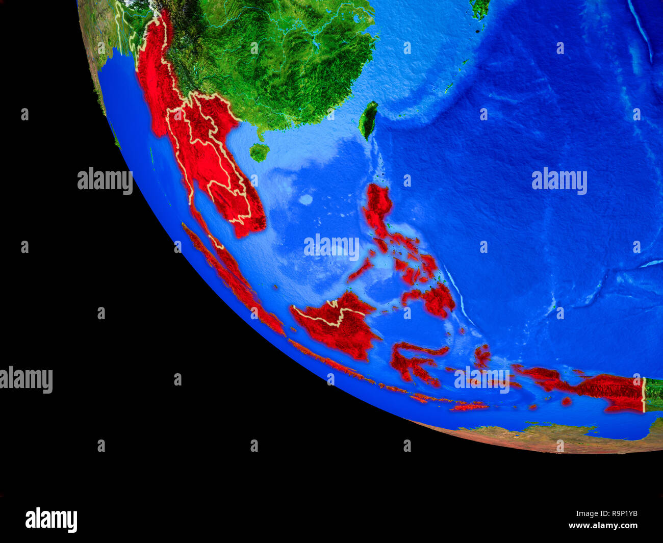 South East Asia on realistic model of planet Earth with country borders ...
