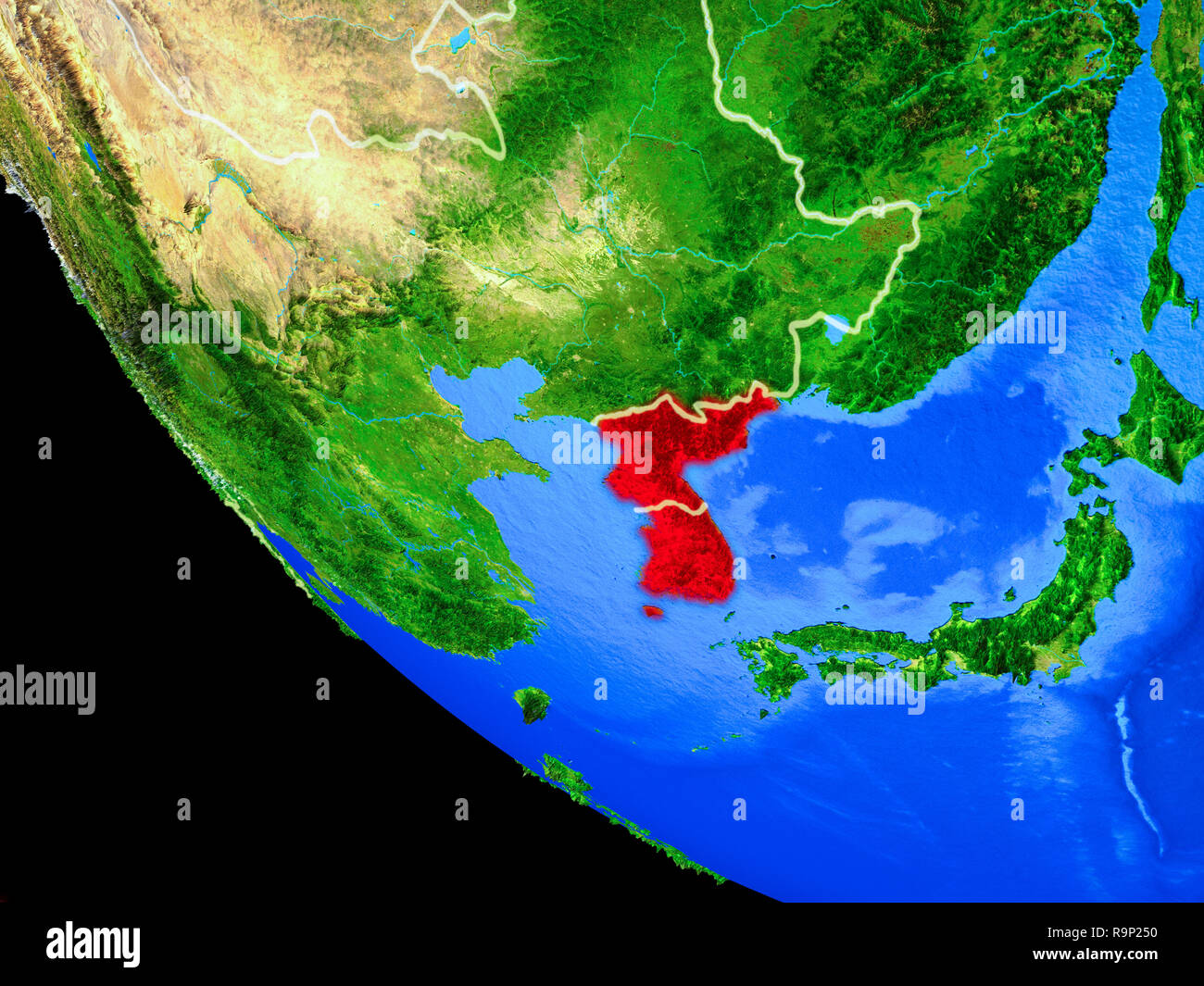 Korea on realistic model of planet Earth with country borders and very ...