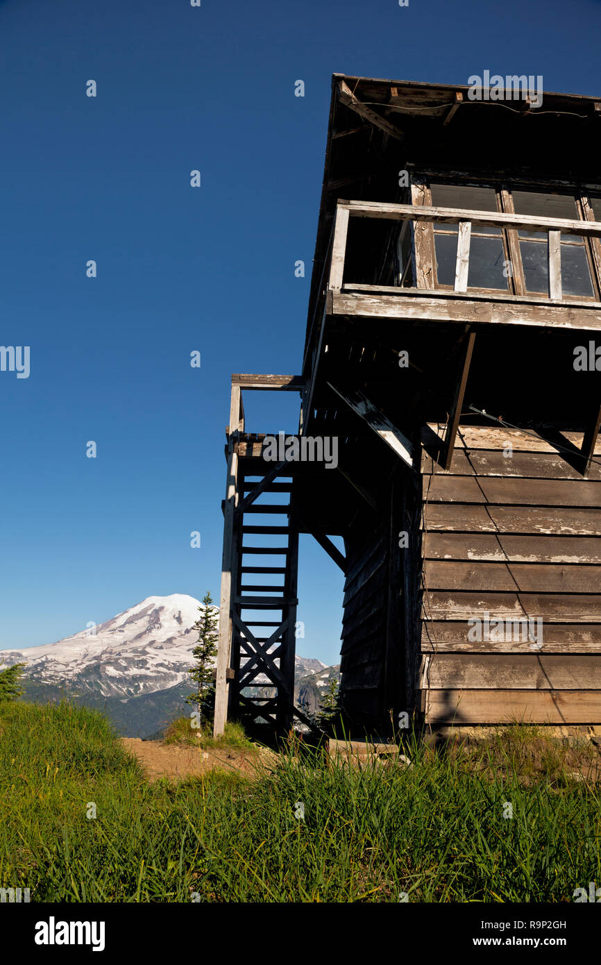 WA15611-00...WASHINGTON - View of Mount Rainier and Shriner Peak Fire Lookout in Mount Rainier National Park. Stock Photo