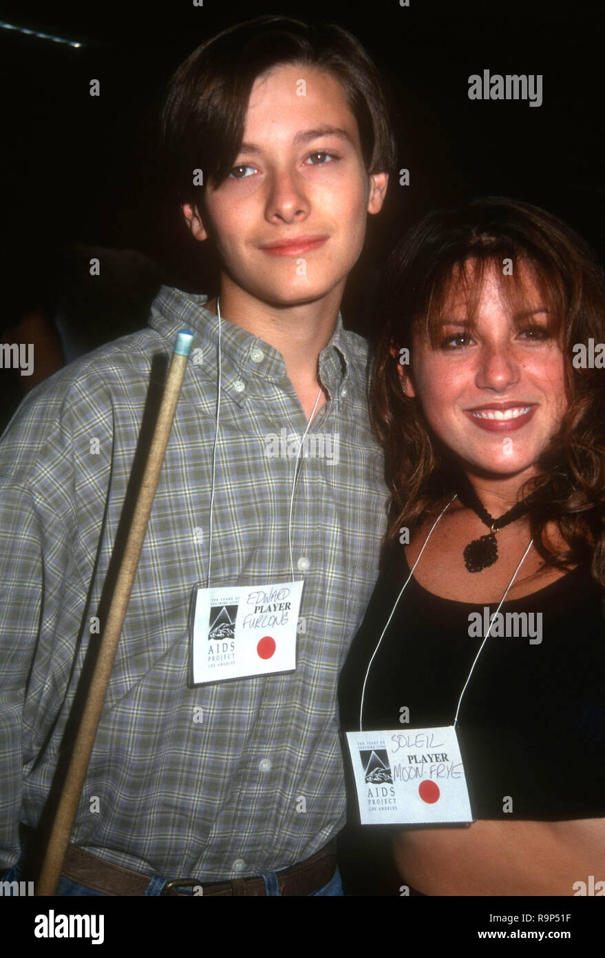 HOLLYWOOD, CA - JUNE 19: Actor Edward Furlong and actress Soleil Moon Frye attend the Second Annual Celebrity Pool Tournament to Benefit AIDS Project Los Angeles on June 19, 1993 at the Hollywood Athletic Club in Hollywood, California. Photo by Barry King/Alamy Stock Photo Stock Photo