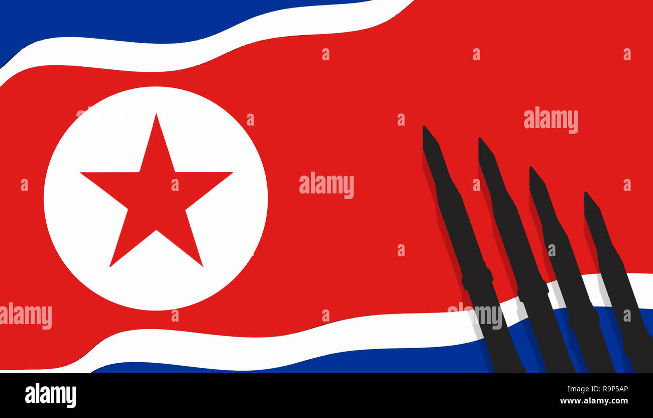 north korea, nuclear bomb, nuclear test, rockets on flag north korea illustration. Stock Photo