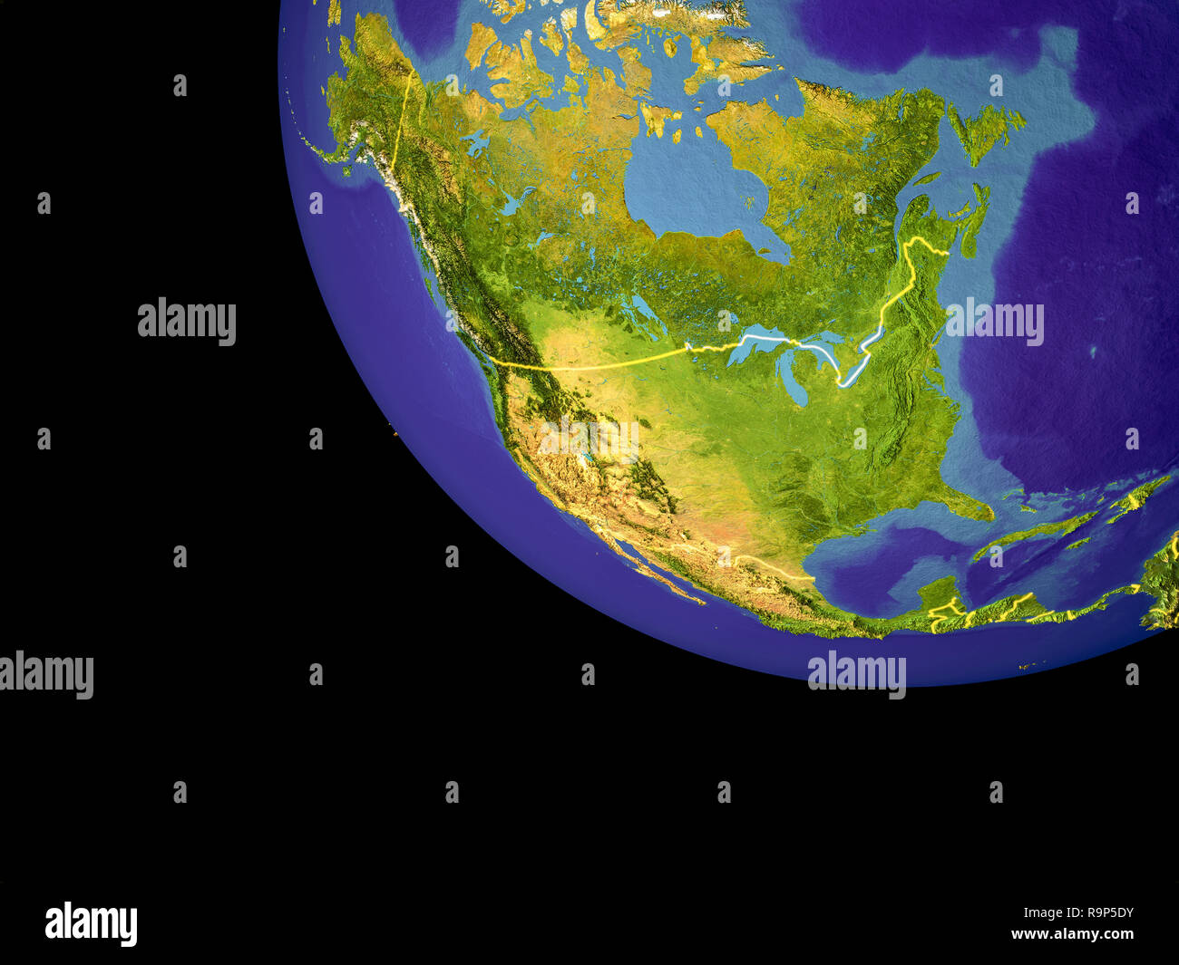 North America from space on Earth with country borders. Very detailed ...