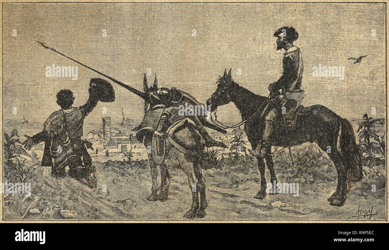 Village arrival scene. Don Quixote novel scene. Illustration from Calleja Edition published in 1916. Stock Photo