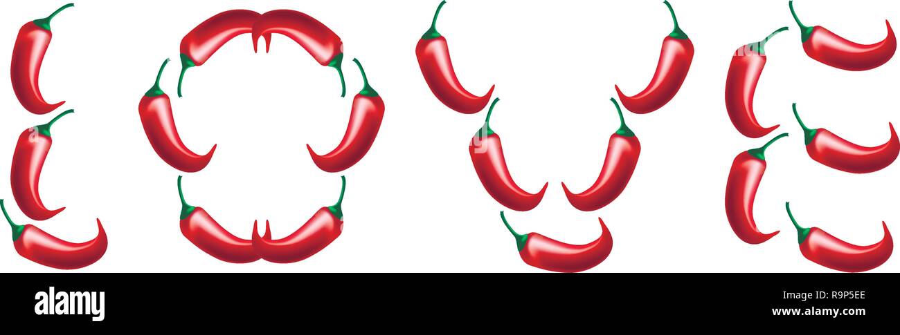 Valentines Day. Word Love from chili peppers. Realistic spice illustration Stock Vector