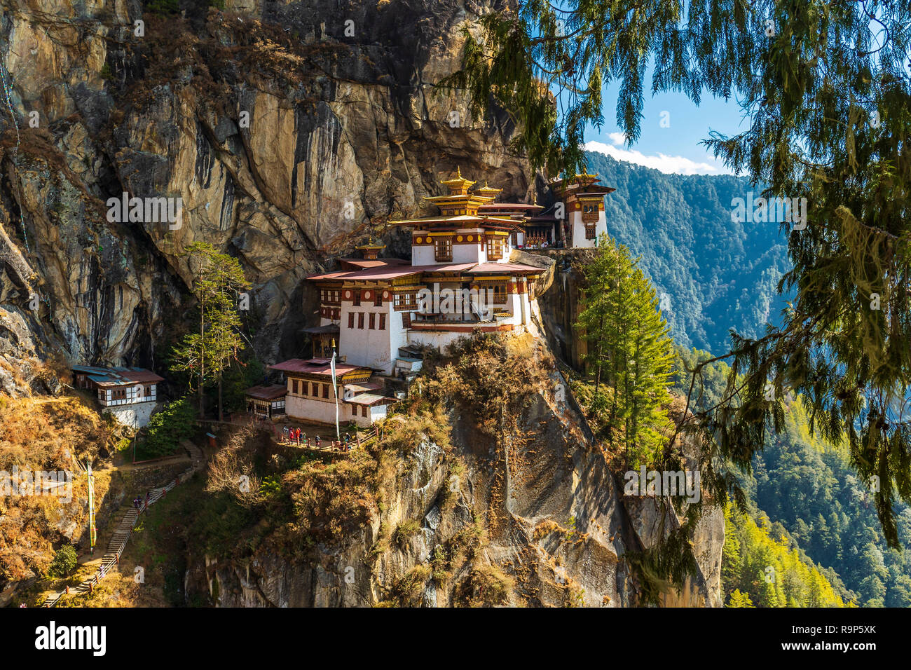 Taktshang Goemba is a beautiful buddhist temple and the most sacred place in Bhutan is located on the high cliff mountain of Paro valley in Bhutan. Stock Photo