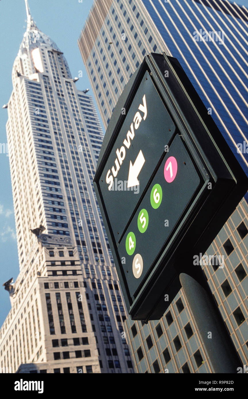 Subway directional sign near the Chrysler Building in Midtown Manhattan, NYC, USA Stock Photo