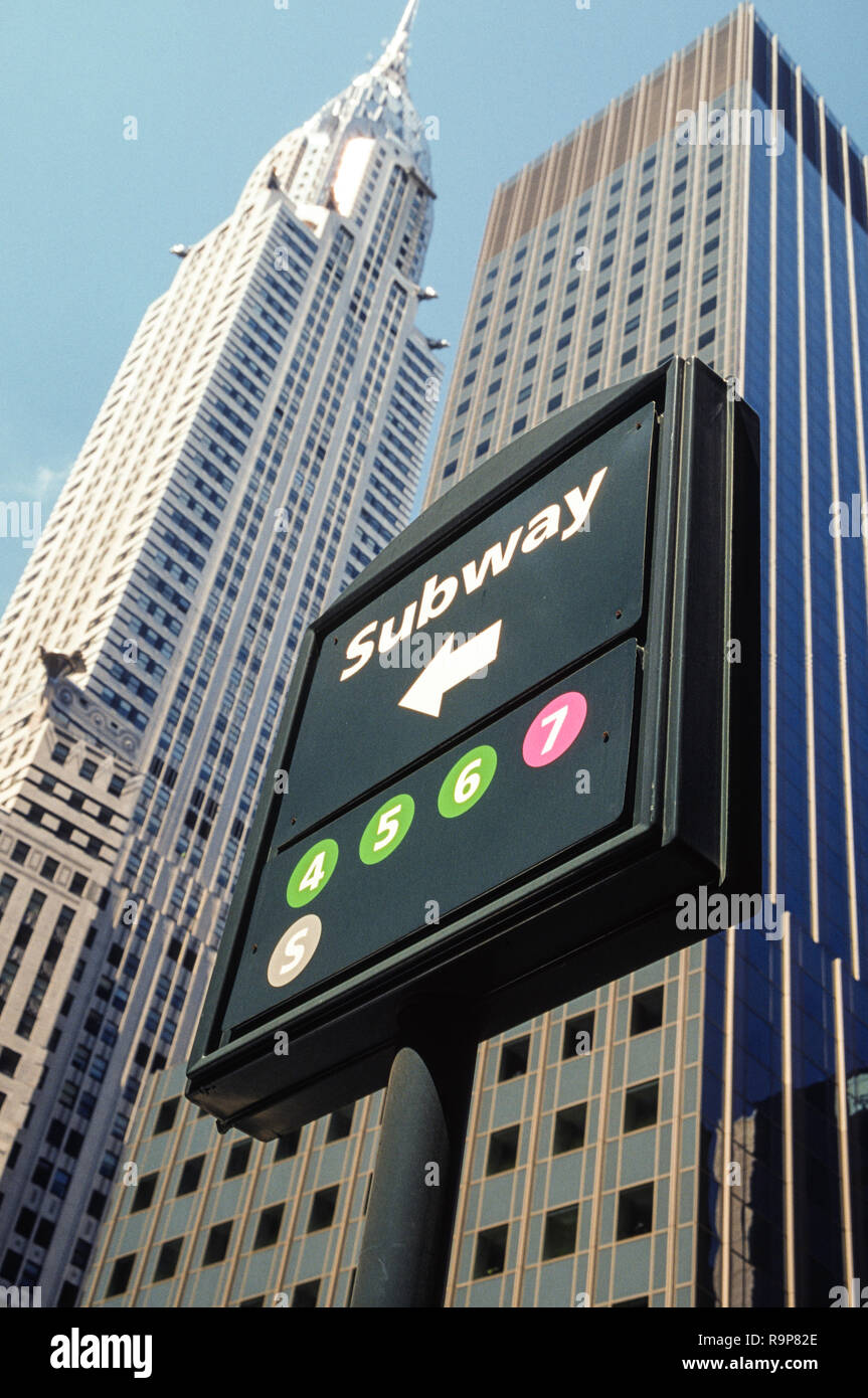 Subway directional sign near the Chrysler Building in Midtown Manhattan, NYC, USA Stock Photo