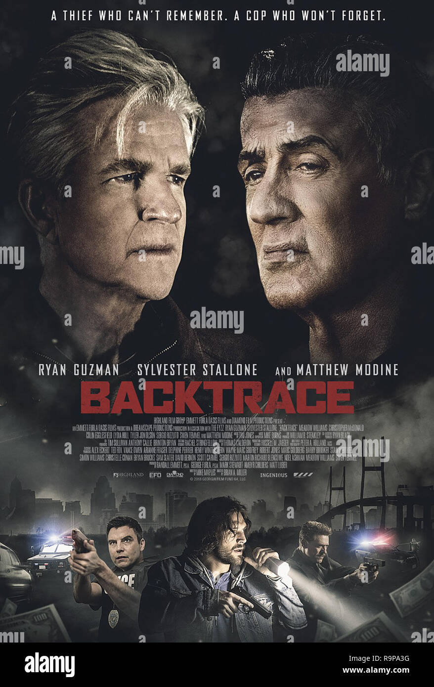 BACKTRACE, poster, (top, from left): Matthew Modine, Sylvester Stallone, (bottom from left): Colin Egglesfield, Tyler Jon Olson, Christopher McDonald, 2018. © Lionsgate / courtesy Everett Collection Stock Photo