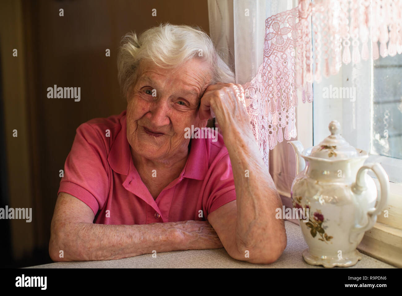 Portrait of elderly woman in her home at kitchen. Stock Photo