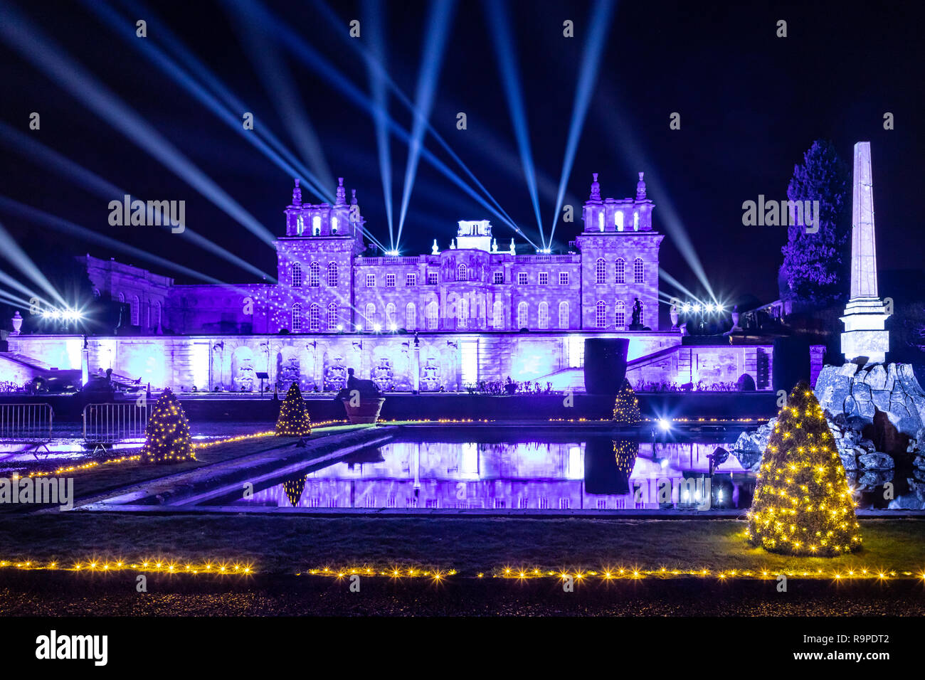 Blenheim Palace and water terrace illuminated with Christmas lights complete with laser show