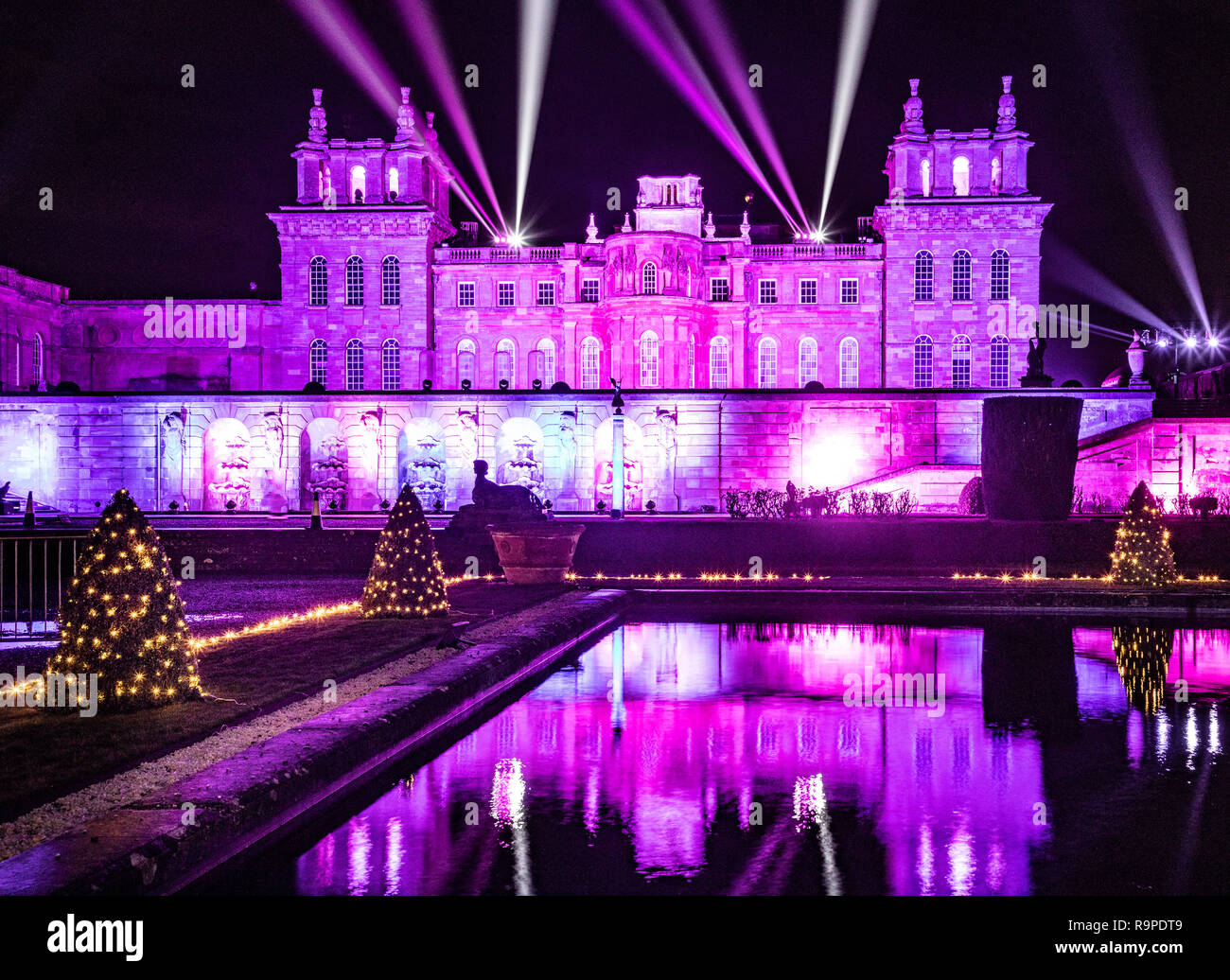 Blenheim Palace and water terrace illuminated with Christmas lights complete with laser show