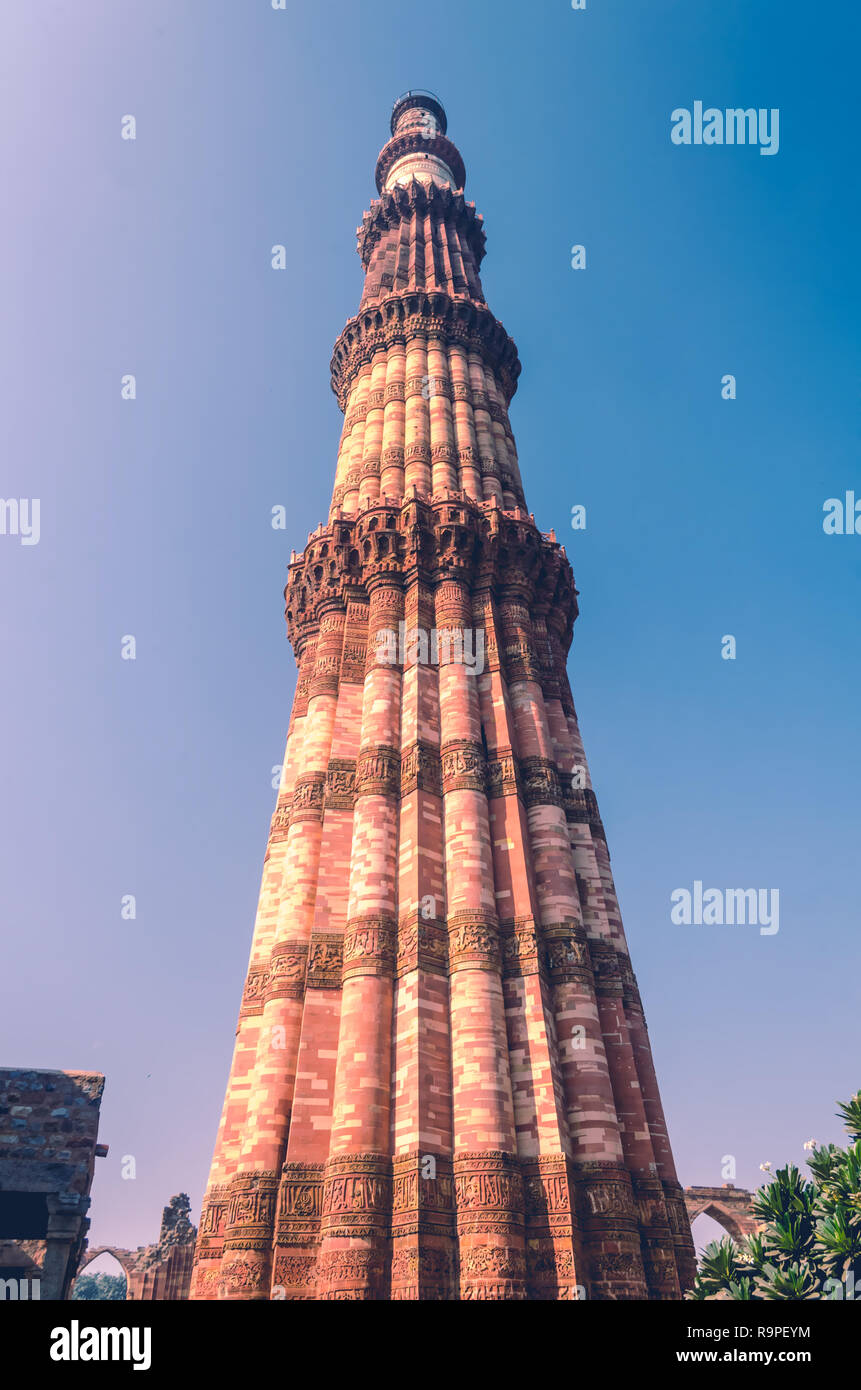 Qutub Minar, the tallest brick pillar in New Delhi, India Stock Photo