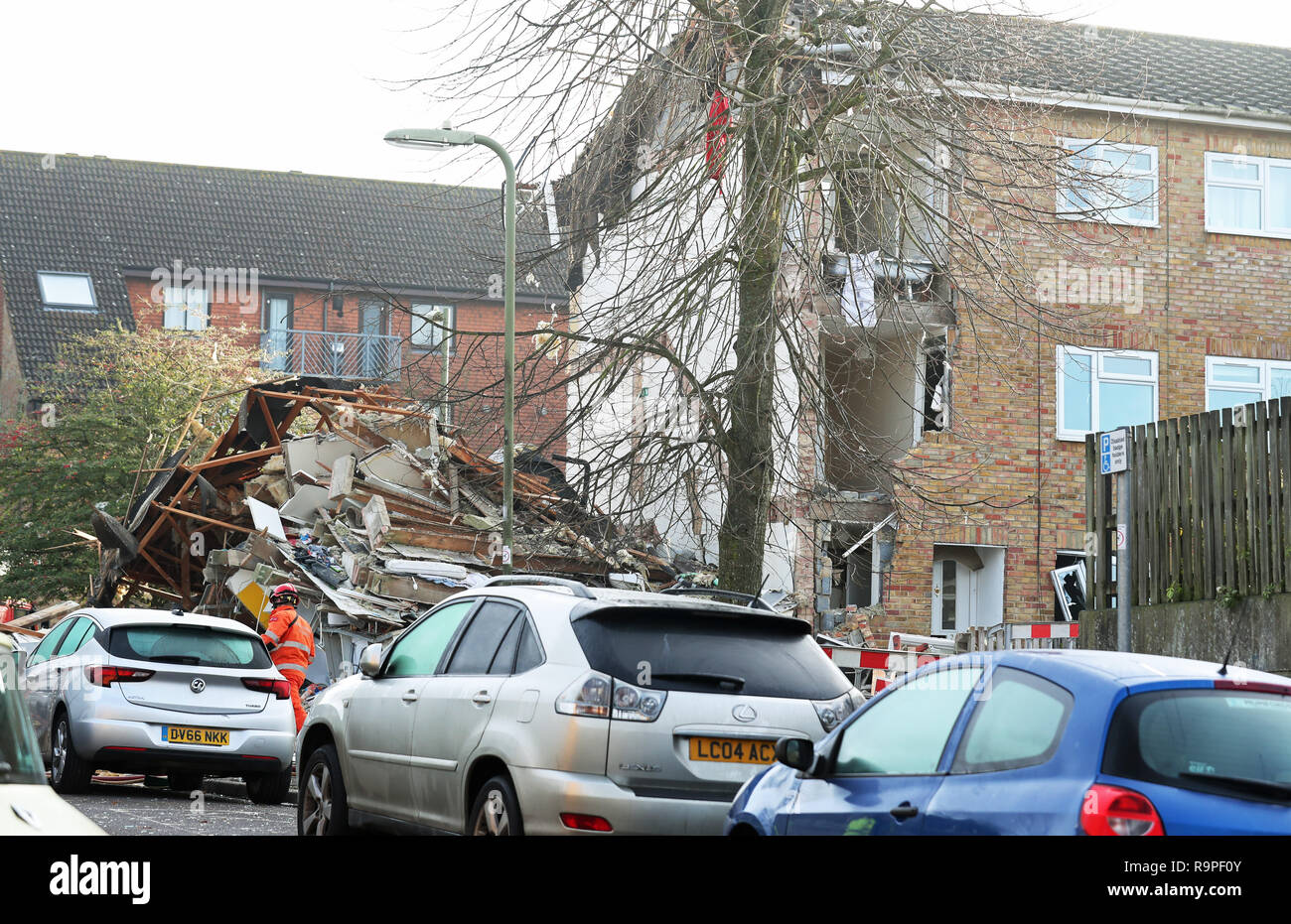 The scene in Launcelot Close, Andover, where Hampshire Police say that the body of a man has been found after an explosion caused a building to collapse this morning. Stock Photo