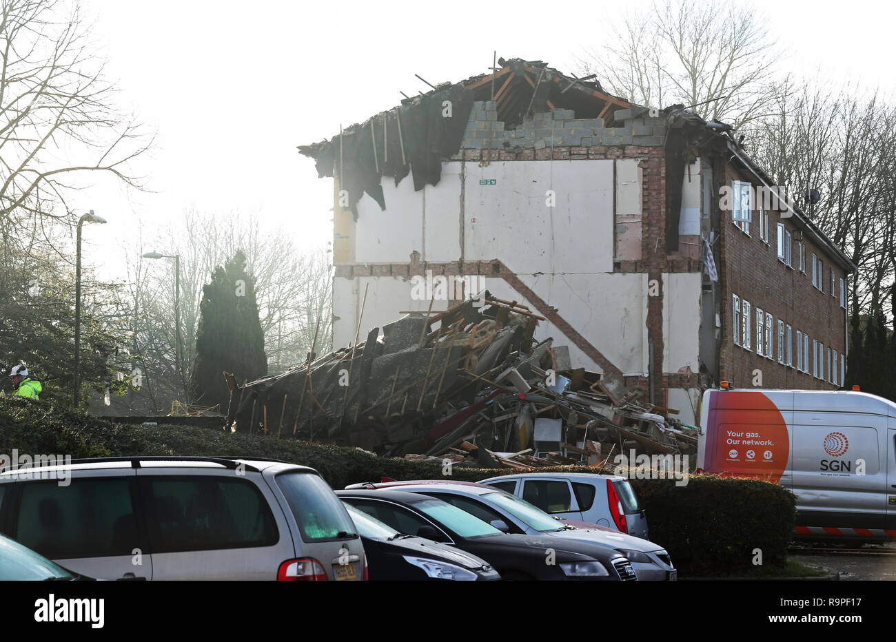 The scene in Launcelot Close, Andover, where Hampshire Police say that the body of a man has been found after an explosion caused a building to collapse this morning. Stock Photo
