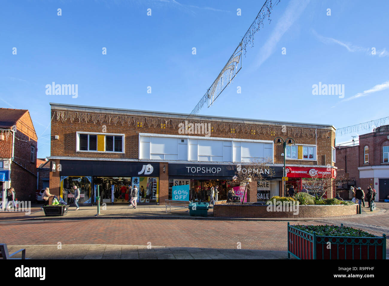 Cex entertaiment, JD sportswear and Topshop Topman fashion shops on Queensway town centre in Crewe Cheshire UK Stock Photo